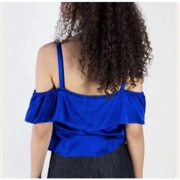 La Causa Neptune Cry Baby Tank Top Satin Royal Blue Ruffle Women's Large NWT - Picture 6 of 9